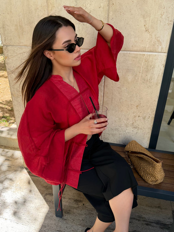 Kırmızı İp Bağcıklı Transparan Kimono - 5098