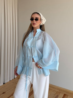 Açık Mavi İp Bağcıklı Transparan Kimono - 5098