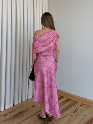 Pembe Tek Omuz Asimetrik Çiçekli Elbise - 205385