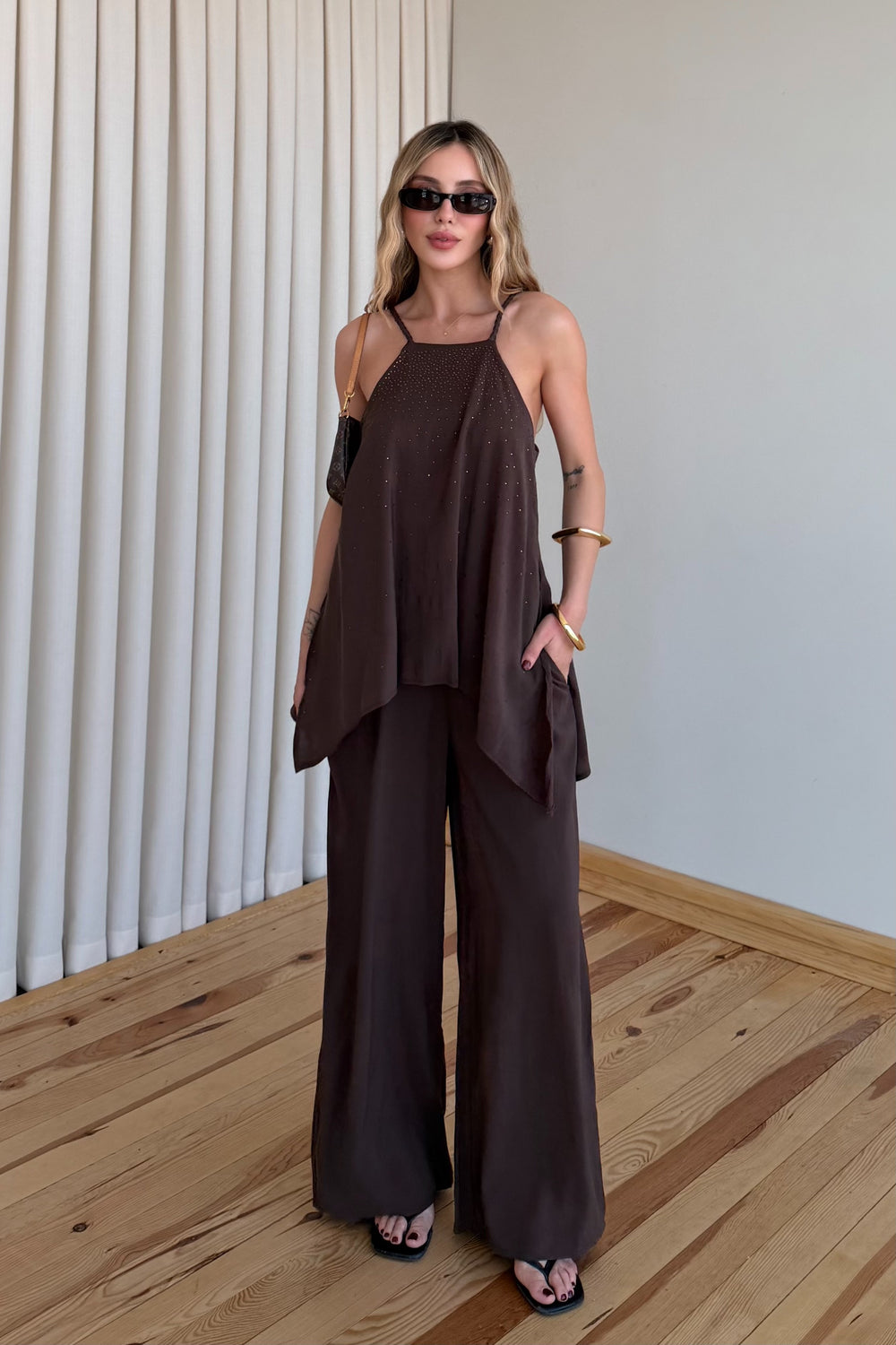 Kahverengi Taş Detaylı Tulum - 3464