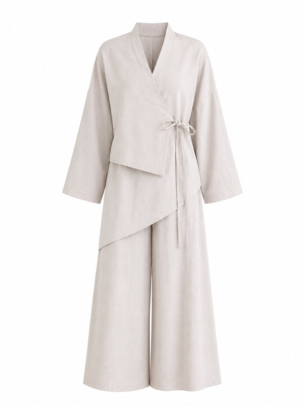 Bej Bel Tasarım Detaylı Kimono Takım - TK8009