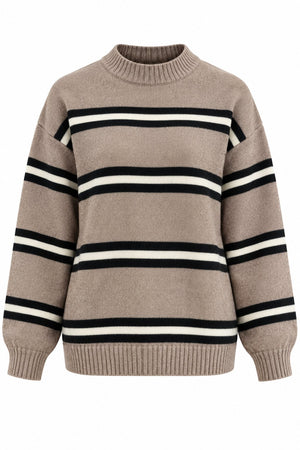 Kahverengi Renkli Çizgili Oversize Örme Kazak - 2y2516