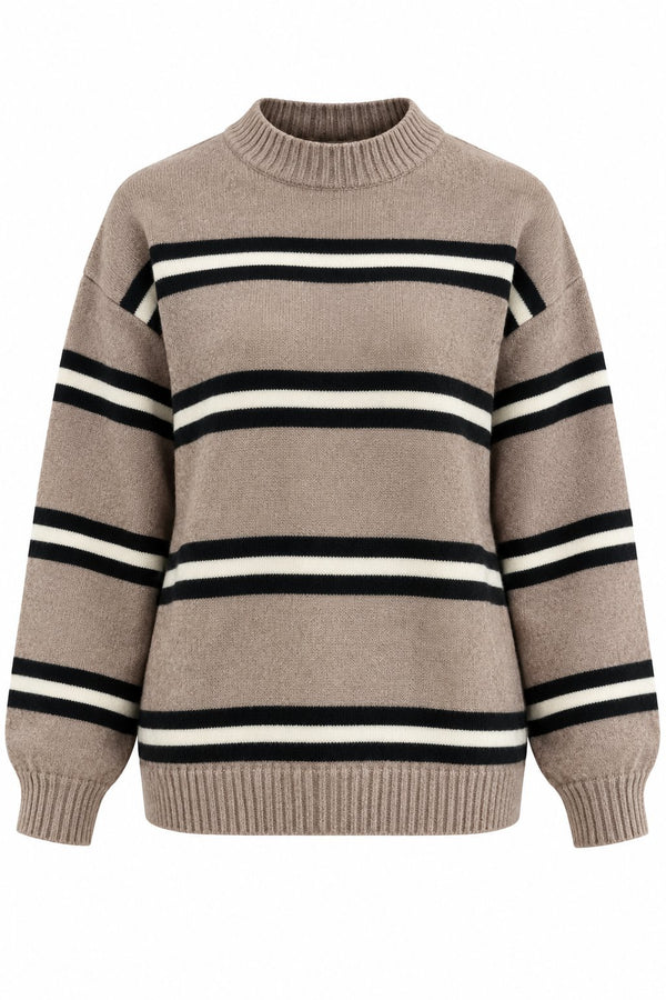 Kahverengi Renkli Çizgili Oversize Örme Kazak - 2y2516