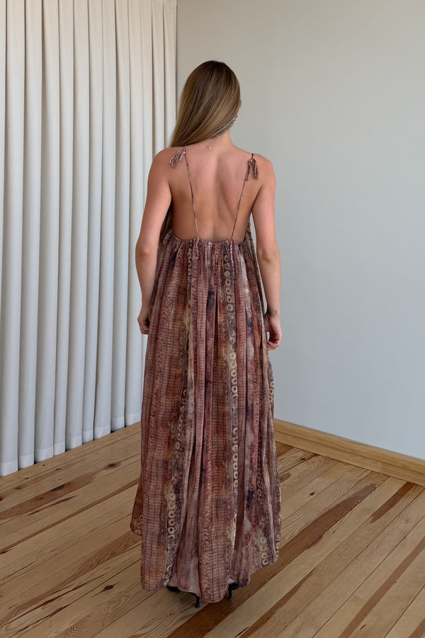 Camel Askılı Desenli Elbise - 3466