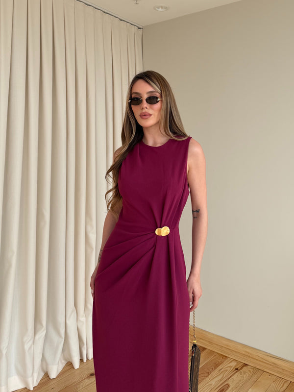 Bordo Gold Tokalı Uzun Elbise - 8191