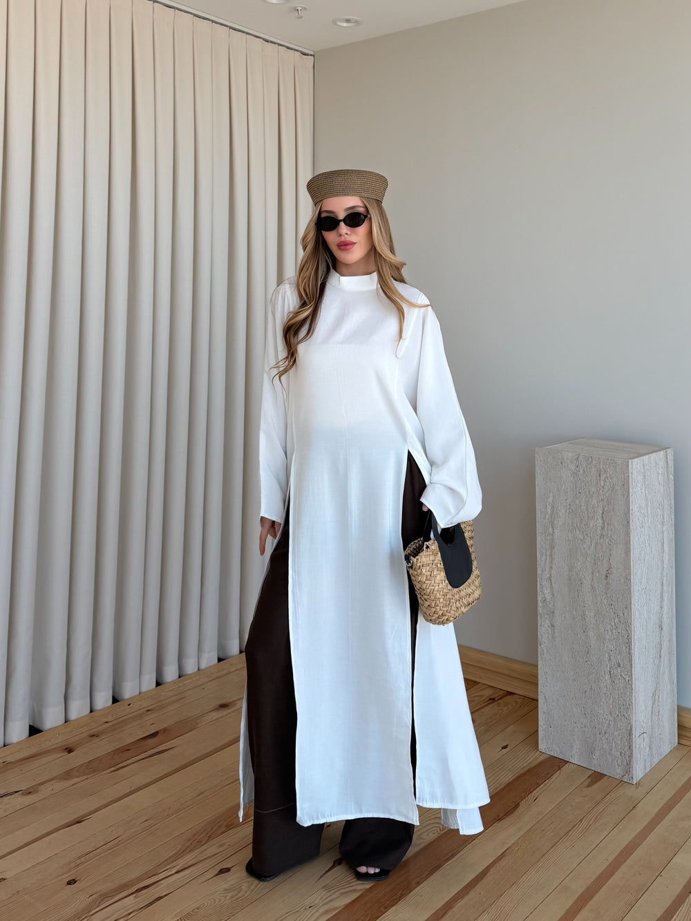 Ekru Yırtmaçlı Uzun Tunik - 8515