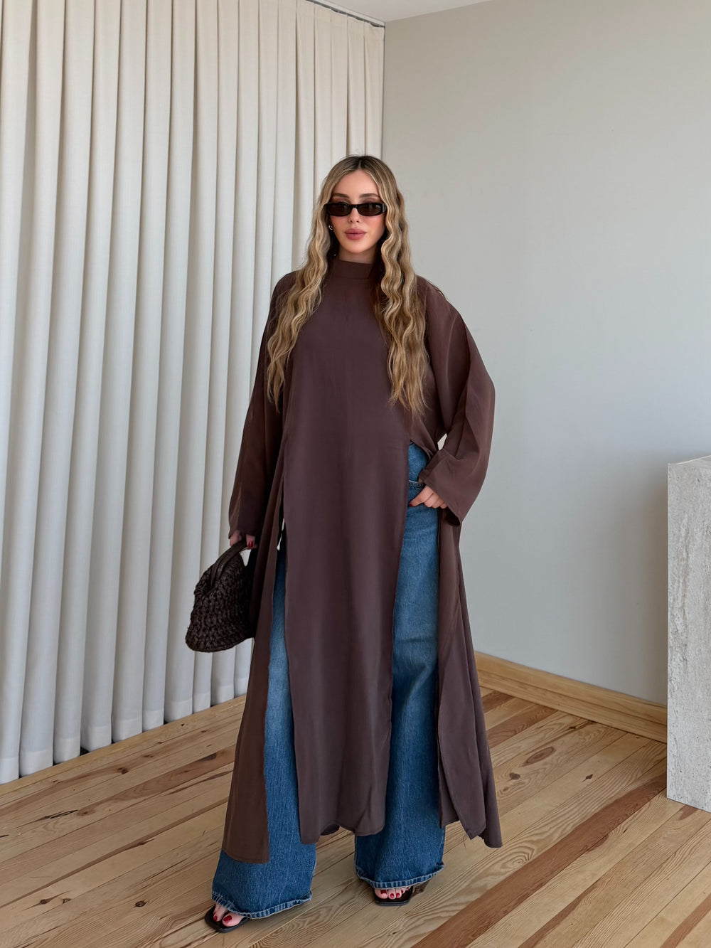 Kahverengi Yırtmaçlı Uzun Tunik - 8515