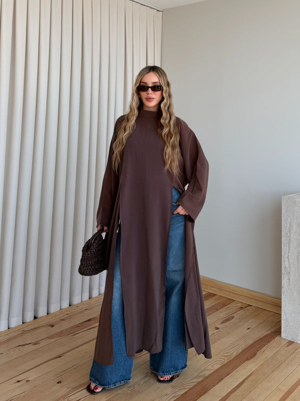 Kahverengi Yırtmaçlı Uzun Tunik - 8515