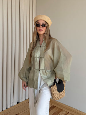 Adaçayı İp Bağcıklı Transparan Kimono - 5098