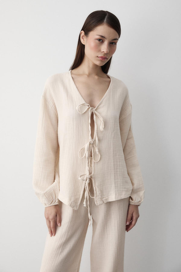 Bej %100 Pamuk Bağlamalı Bluz Pantolon Takım