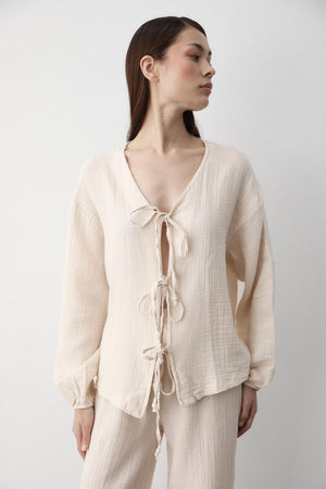 Bej %100 Pamuk Bağlamalı Bluz Pantolon Takım