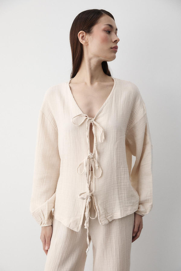 Bej %100 Pamuk Bağlamalı Bluz Pantolon Takım