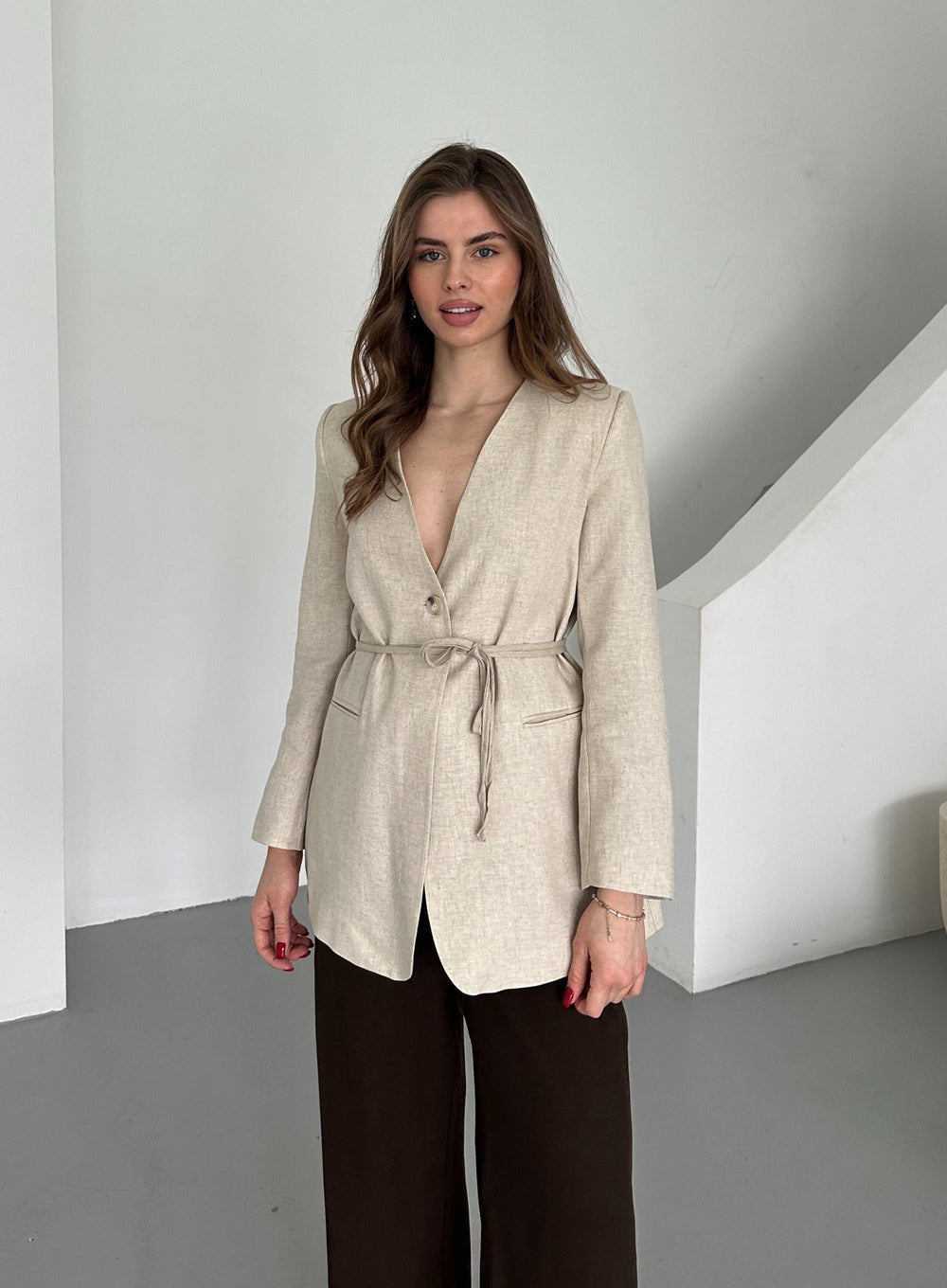 Bej %100 Pamuk İp Kemerli Ceket