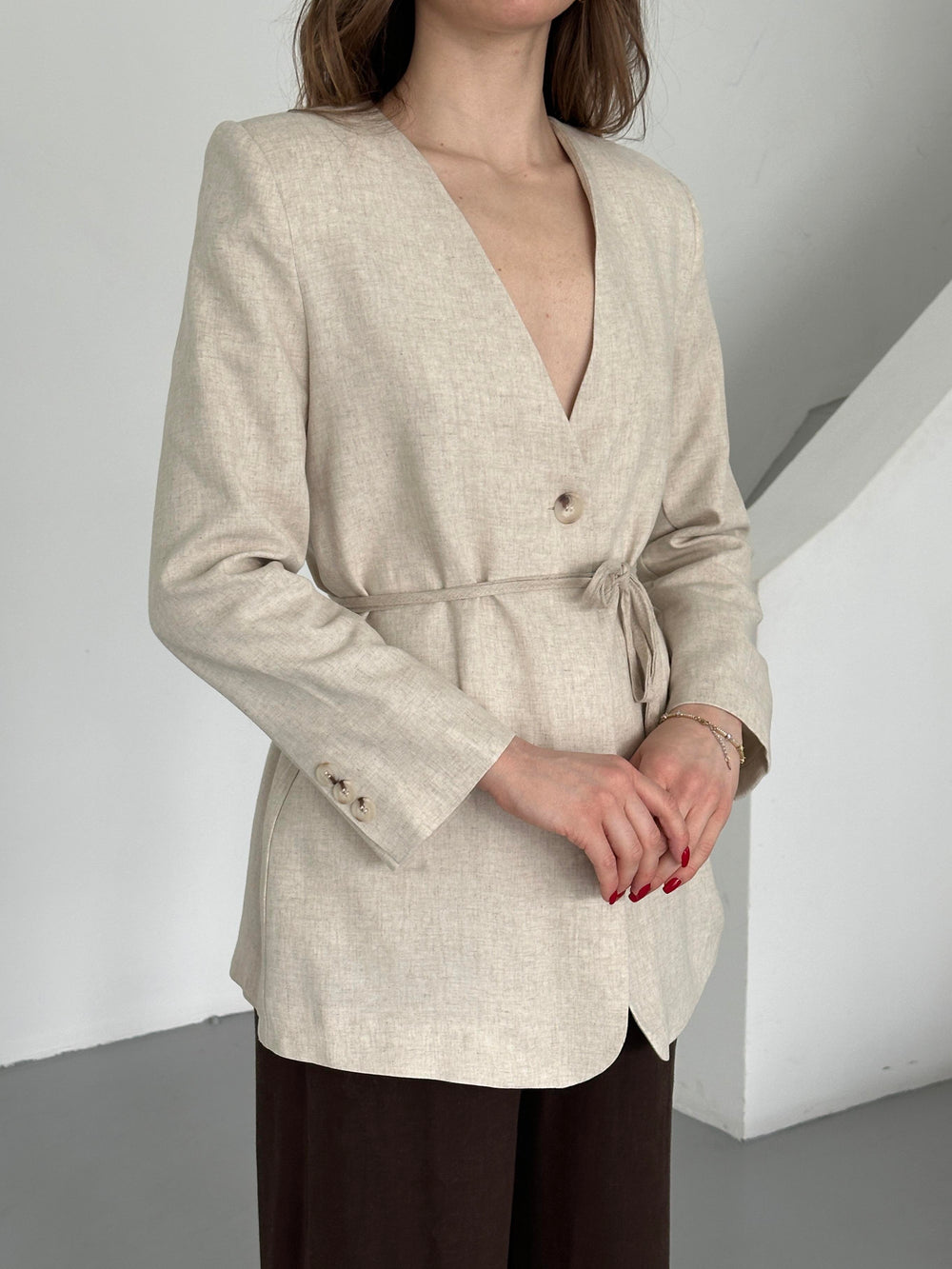 Bej %100 Pamuk İp Kemerli Ceket