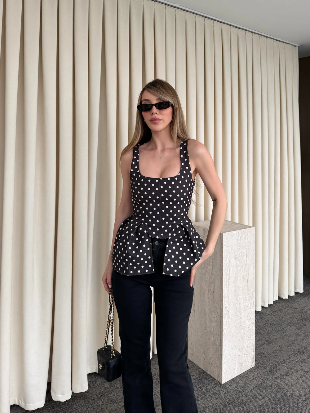 Acı Kahve Askılı Puantiyeli Bluz - 5081