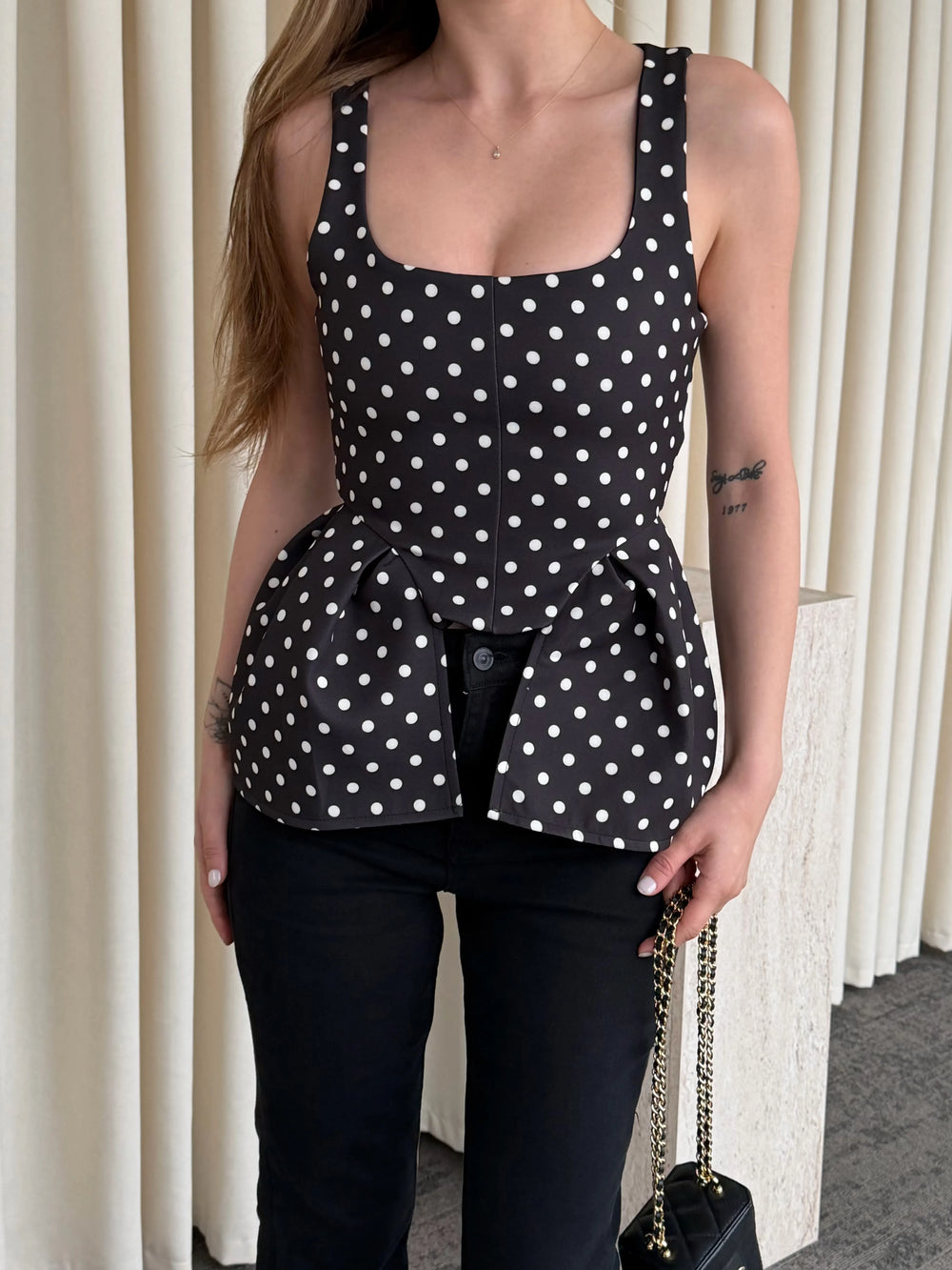 Acı Kahve Askılı Puantiyeli Bluz - 5081