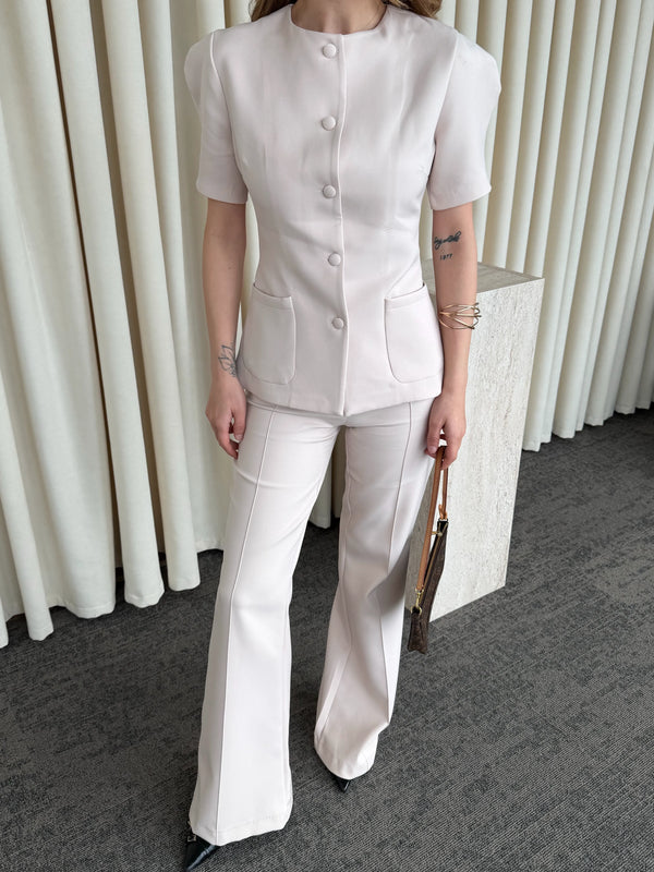 Bej Balon Kol Düğmeli Ceket Pantolon Takım - 6525