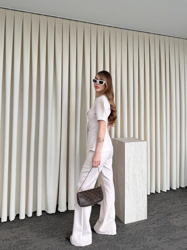 Bej Balon Kol Düğmeli Ceket Pantolon Takım - 6525