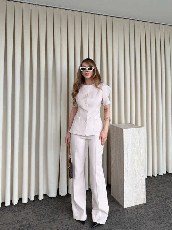 Bej Balon Kol Düğmeli Ceket Pantolon Takım - 6525