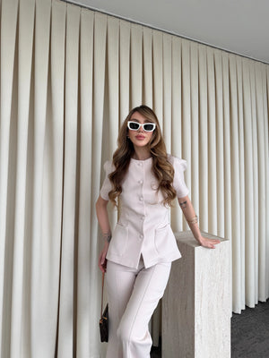 Bej Balon Kol Düğmeli Ceket Pantolon Takım - 6525