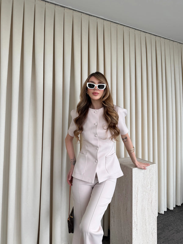 Bej Balon Kol Düğmeli Ceket Pantolon Takım - 6525