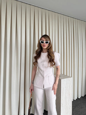 Bej Balon Kol Düğmeli Ceket Pantolon Takım - 6525