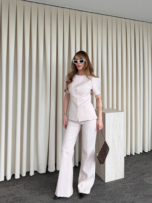 Bej Balon Kol Düğmeli Ceket Pantolon Takım - 6525