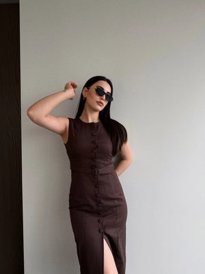 Bej Düğmeli Kemerli Gabardin Elbise - 5002