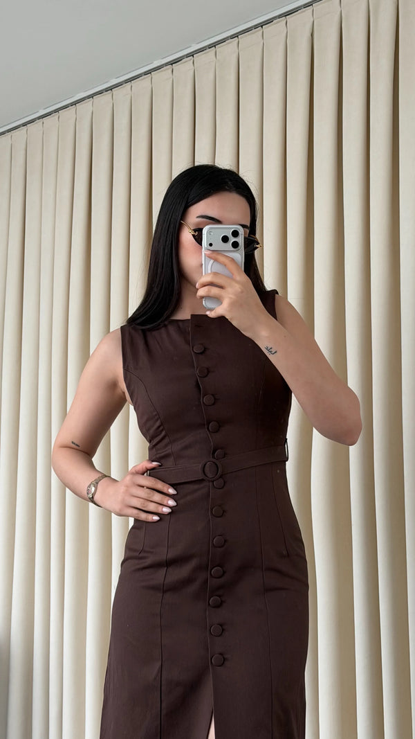 Bej Düğmeli Kemerli Gabardin Elbise - 5002