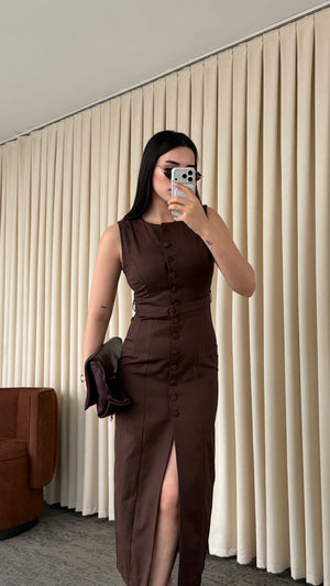 Bej Düğmeli Kemerli Gabardin Elbise - 5002