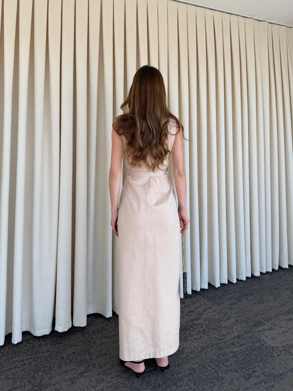 Bej Düğmeli Kemerli Gabardin Elbise - 5002