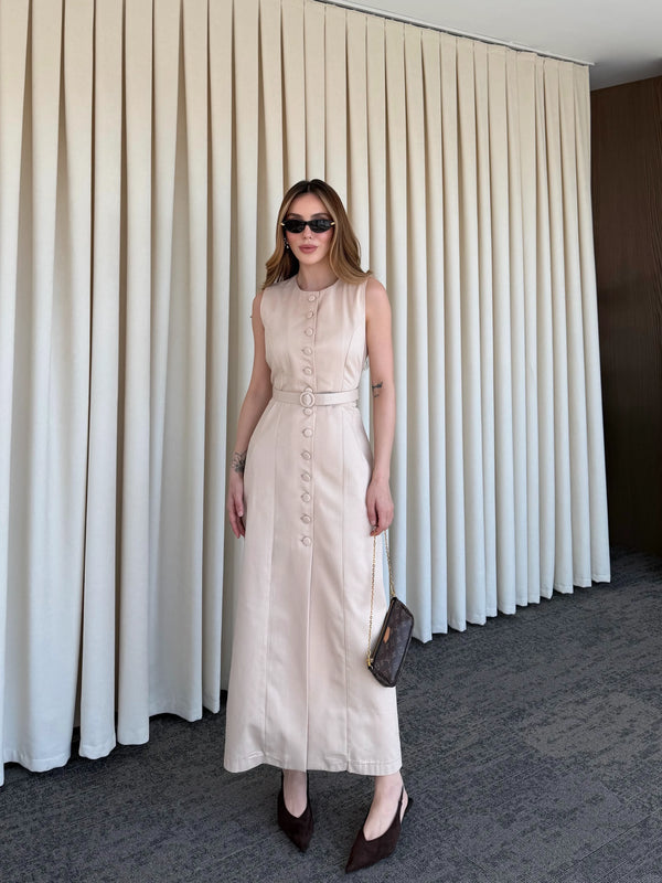 Bej Düğmeli Kemerli Gabardin Elbise - 5002