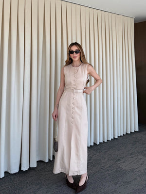 Bej Düğmeli Kemerli Gabardin Elbise - 5002