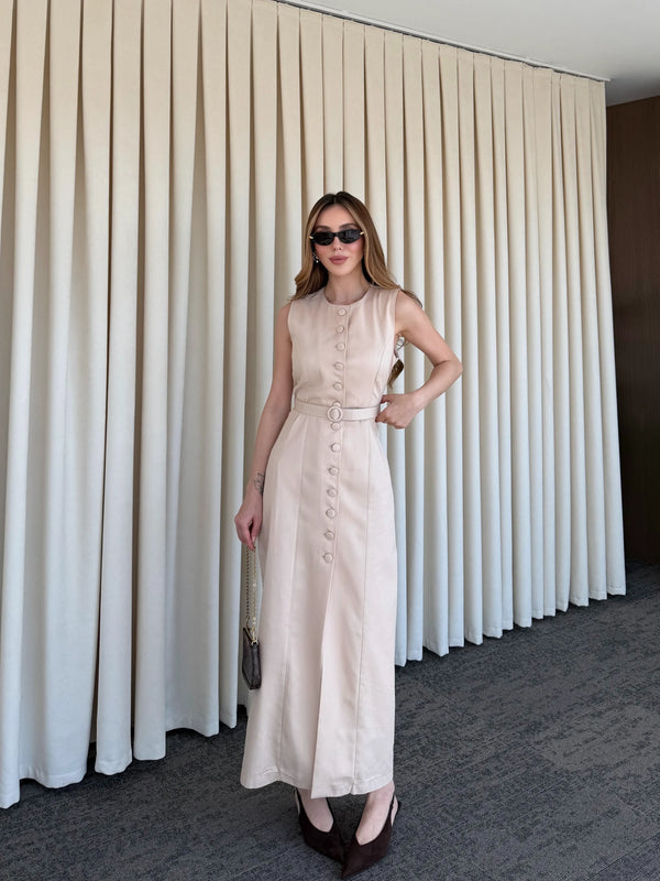 Bej Düğmeli Kemerli Gabardin Elbise - 5002