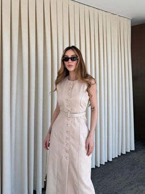 Bej Düğmeli Kemerli Gabardin Elbise - 5002