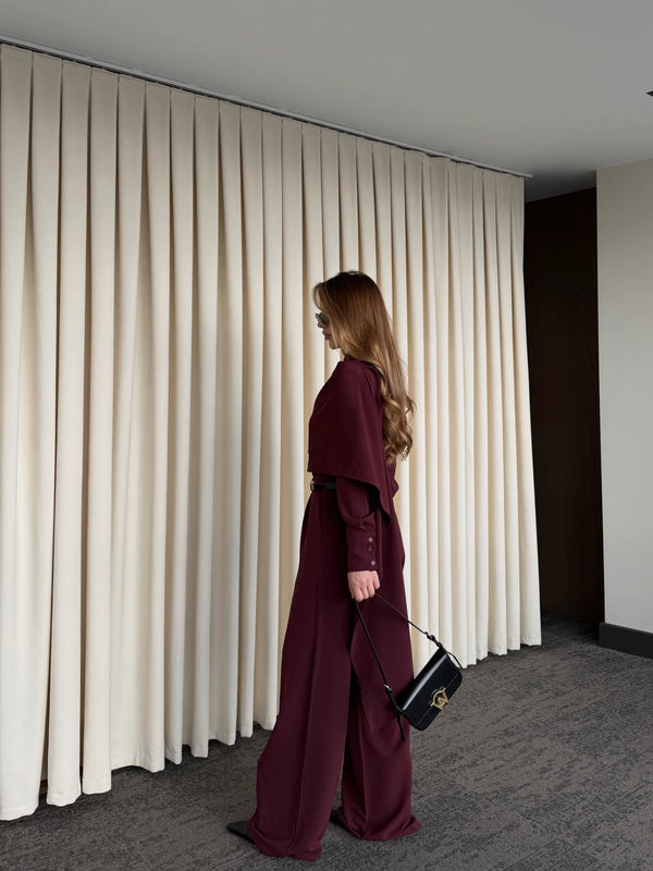 Bordo Kemerli Şal Yaka Gömlek Pantolon Takım - 8004