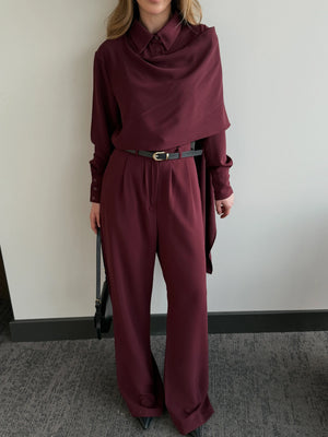 Bordo Kemerli Şal Yaka Gömlek Pantolon Takım - 8004