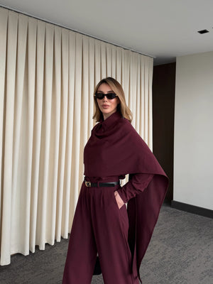 Bordo Kemerli Şal Yaka Gömlek Pantolon Takım - 8004