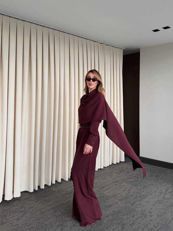 Bordo Kemerli Şal Yaka Gömlek Pantolon Takım - 8004