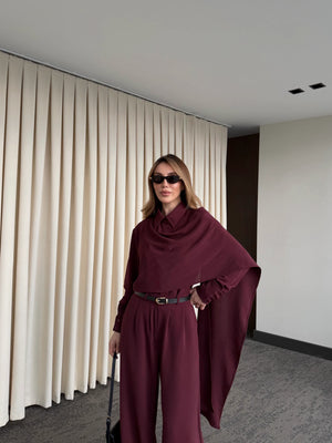 Bordo Kemerli Şal Yaka Gömlek Pantolon Takım - 8004