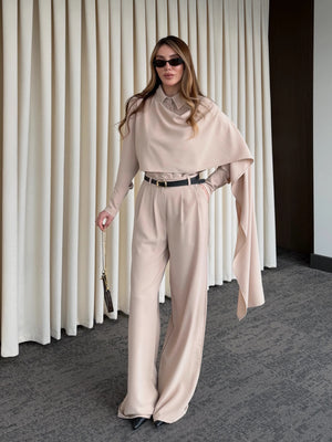 Bej Kemerli Şal Yaka Gömlek Pantolon Takım - 8004