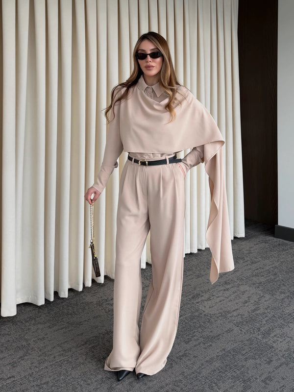 Bej Kemerli Şal Yaka Gömlek Pantolon Takım - 8004