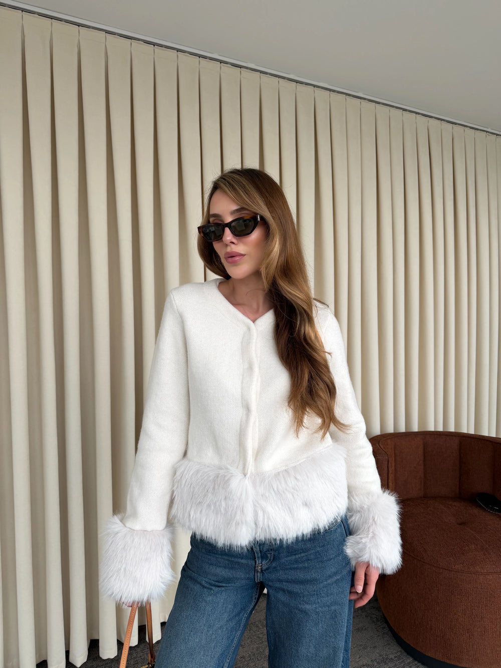 Ekru Kolları Kürklü Hırka - 251104