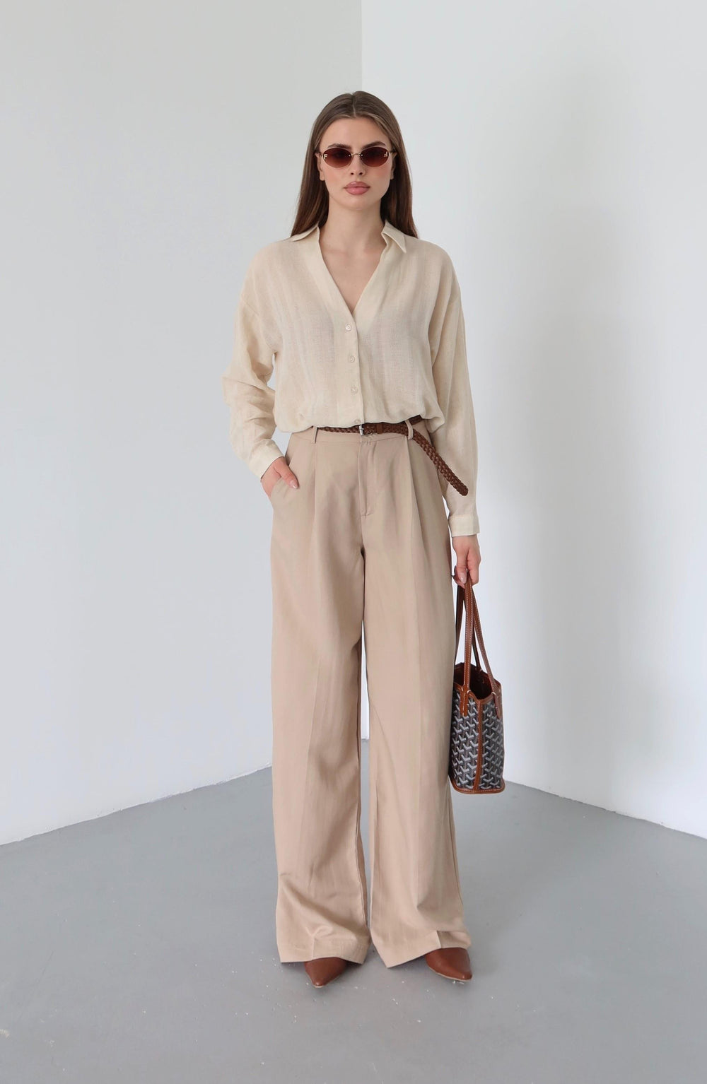 Bej Örgü Kemerli Pantolon