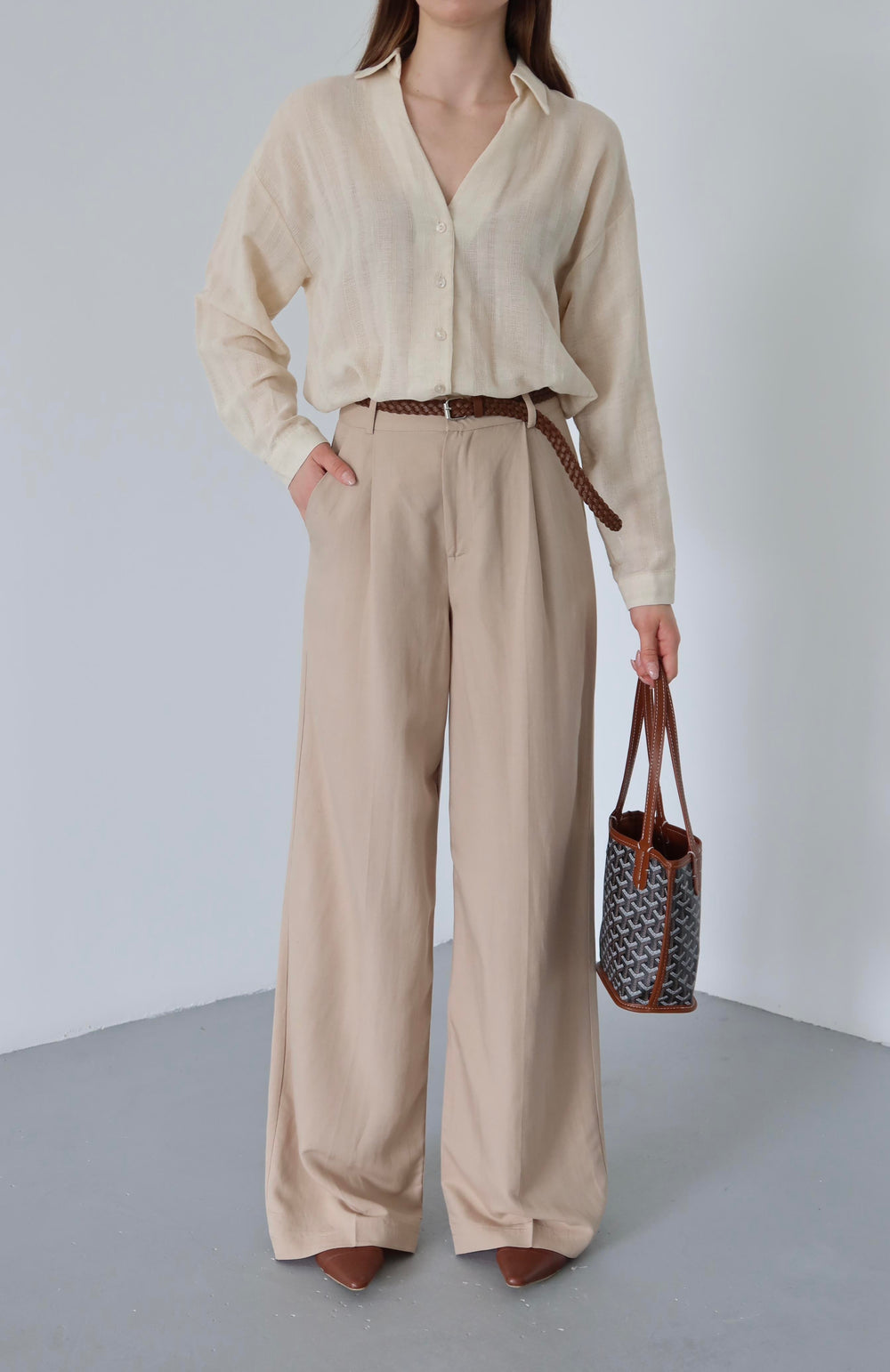 Bej Örgü Kemerli Pantolon
