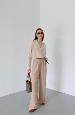 Bej Örgü Kemerli Pantolon