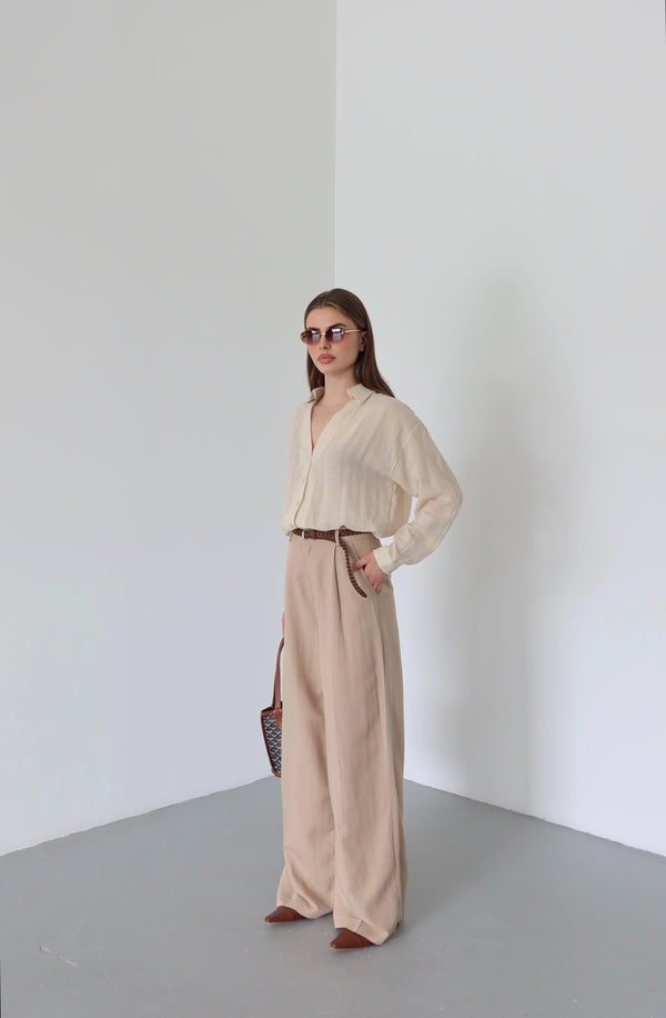 Bej Örgü Kemerli Pantolon