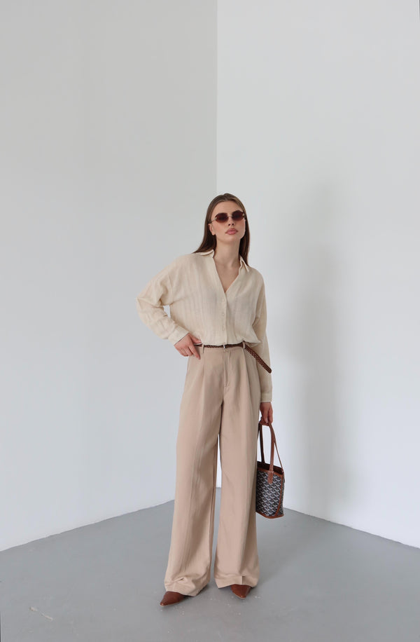 Bej Örgü Kemerli Pantolon