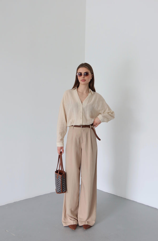 Bej Örgü Kemerli Pantolon