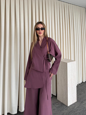 Gül Kurusu Pantolon Ek Parça Detaylı Kimono Takım - 8009
